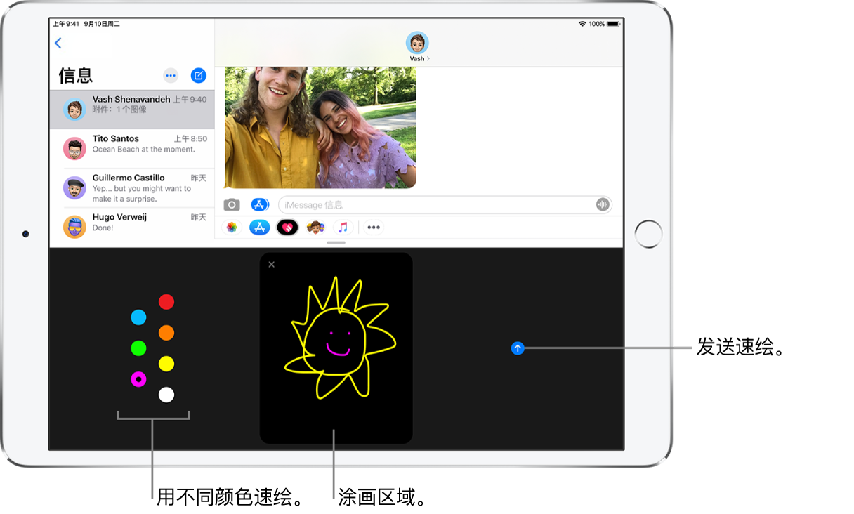 “信息”窗口,“数码点触”屏幕位于底部。左侧是颜色选择,中间是涂画区域,右侧是发送按钮。