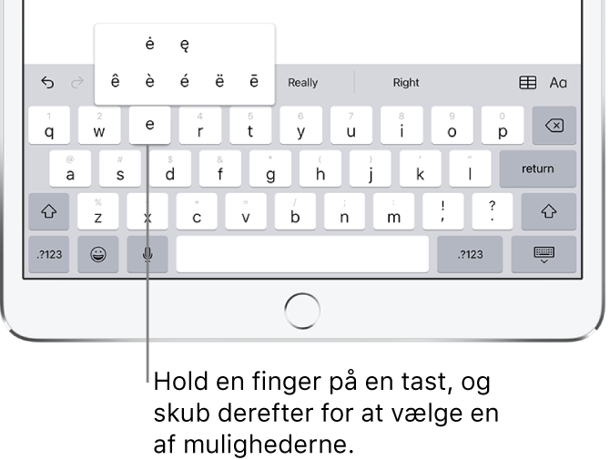 Skærm, der viser andre accenttegn til tasten e.