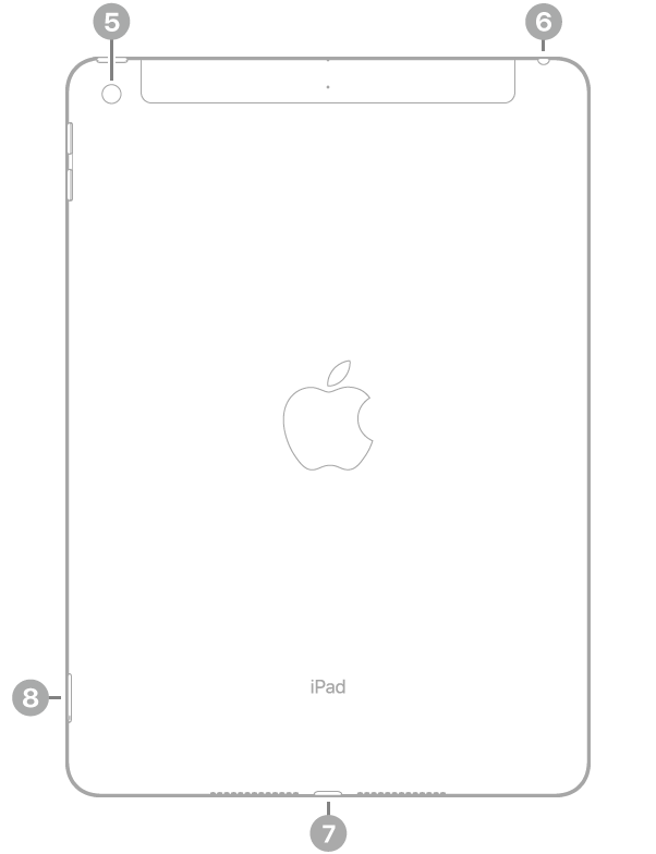 La vue de dos de l’iPad, avec des légendes liées aux éléments suivants, dans le sens horaire à partir du coin supérieur gauche : appareil photo, prise casque, connecteur Lightning et support pour carte SIM (Wi-Fi + Cellular).