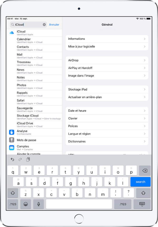 L’écran des réglages de recherche, avec le champ de recherche en haut. Le terme de recherche « iCloud » apparaît dans le champ de recherche, et les réglages trouvés s’affichent dans la liste située dessous.