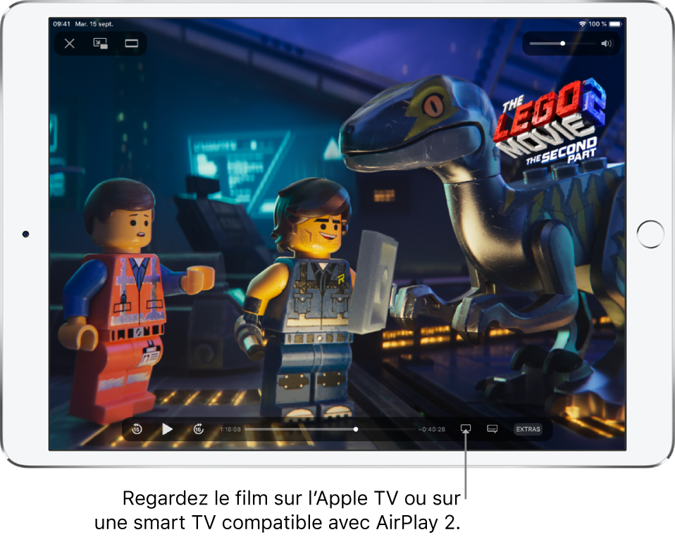 Un film en cours de lecture sur l’écran de l’iPad En bas de l’écran se trouvent les commandes de lecture, notamment le bouton « Recopie de l’écran » en bas à droite.