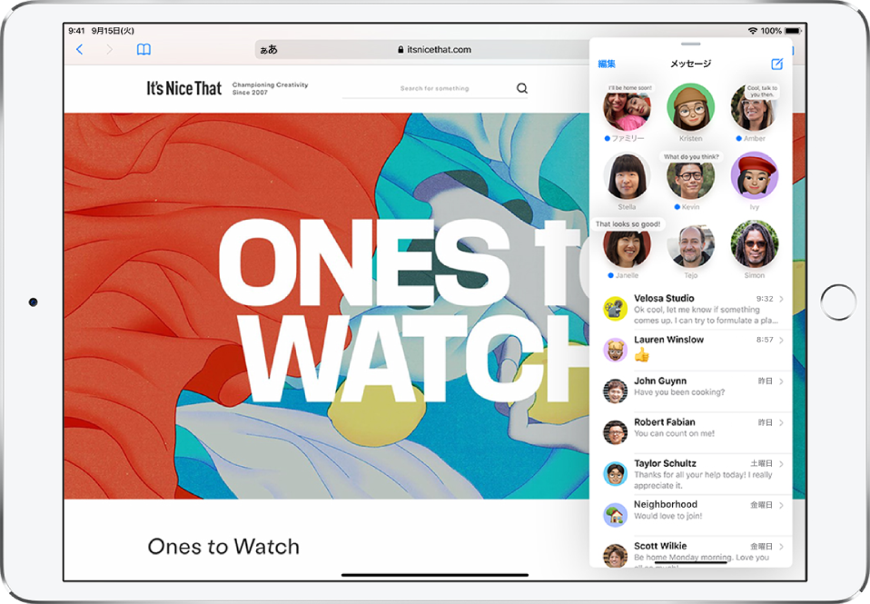 グラフィックスAppが画面全体に表示されています。画面右側のSlide Overウインドウでは「メール」が開かれています。