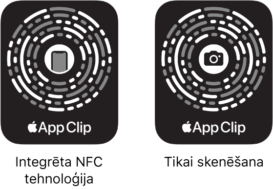 Pa kreisi ir redzams NFC integrēts App Clip Code kods ar iPhone tālruņa ikontu centrā. Pa labi ir redzams tikai skenējams App Clip Code kods ar kameras ikonu centrā.