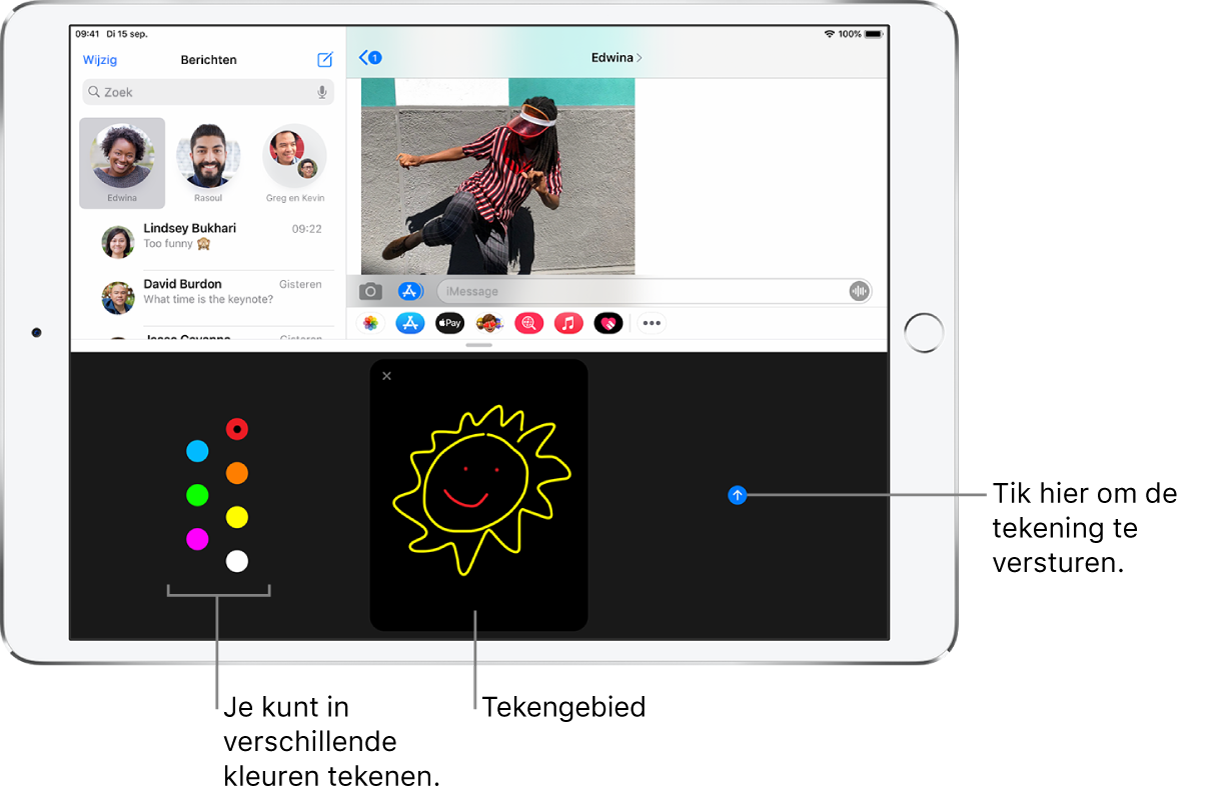 Een Berichten-scherm met onderin het Digital Touch-scherm. Links zie je de kleuropties, in het midden het tekengebied en rechts de verstuurknop.