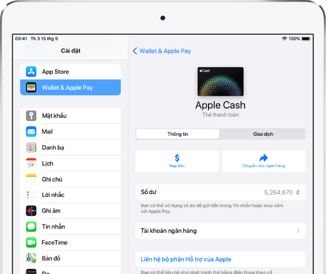 Màn hình chi tiết của thẻ Apple Cash, đang hiển thị số dư ở trên cùng bên phải.