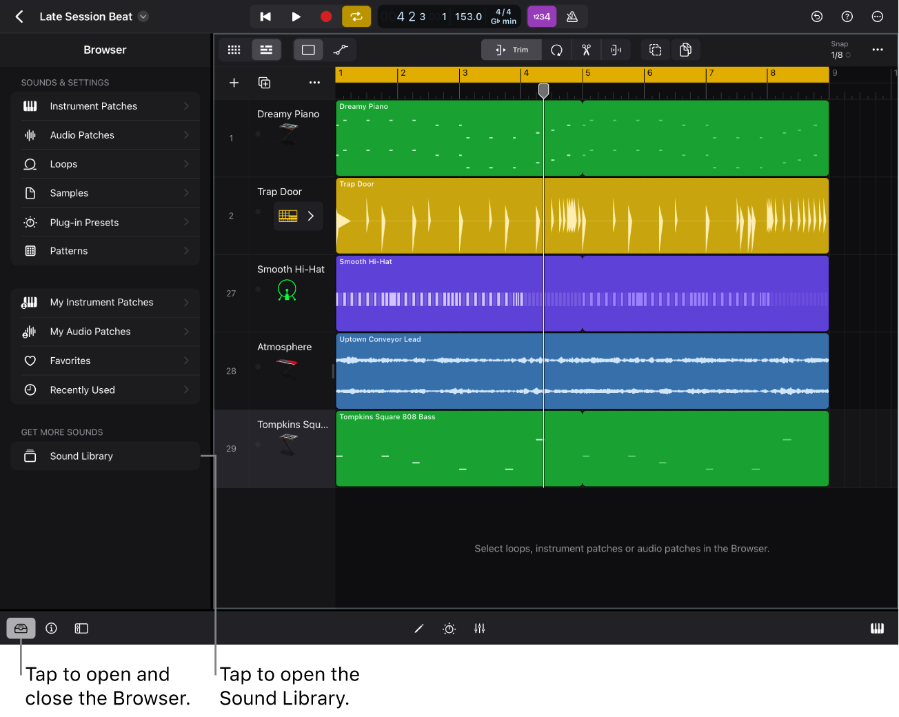 Figure. The Browser in Logic Pro for iPad.