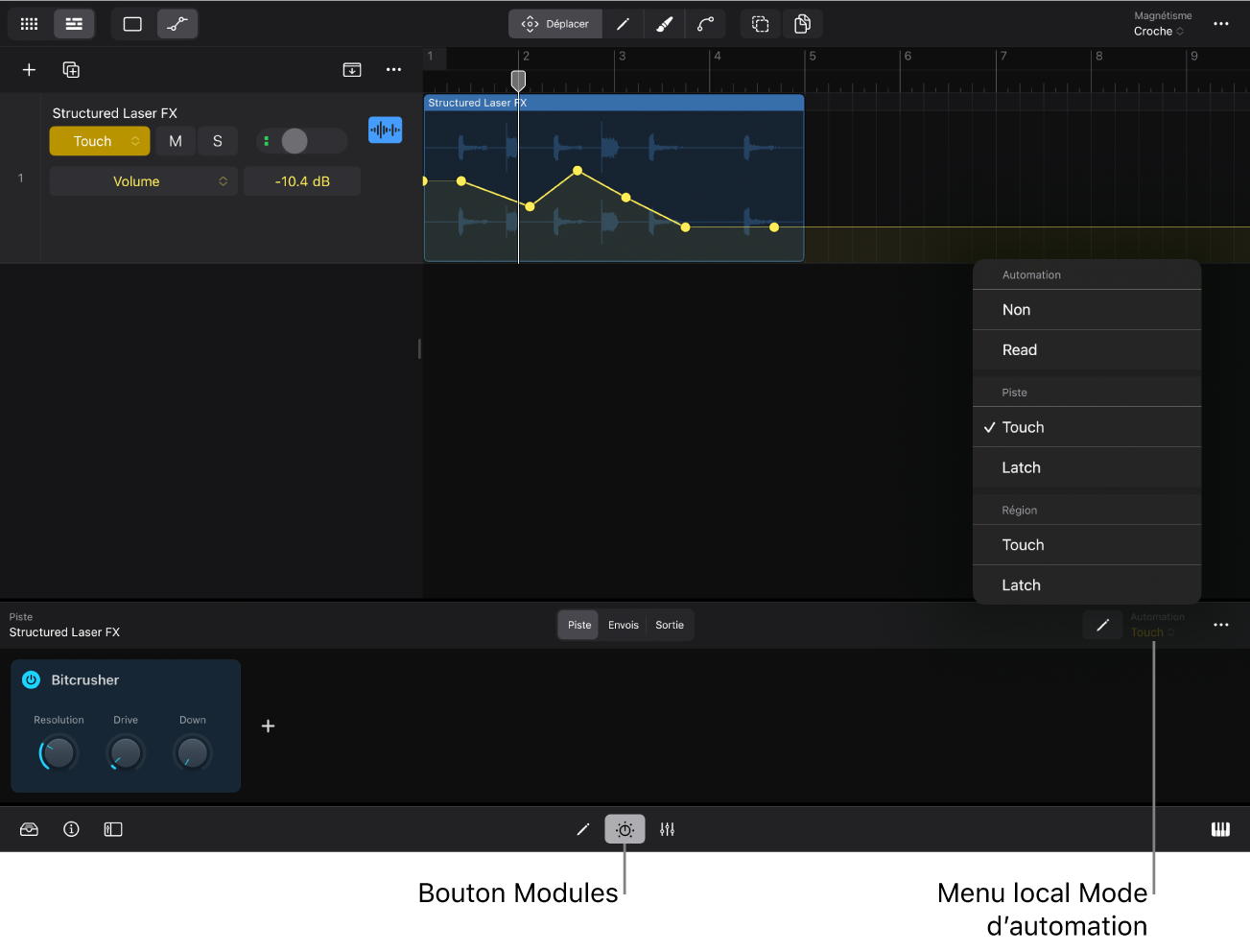 Figure. Menu local « Mode d’automation » dans la zone Modules.