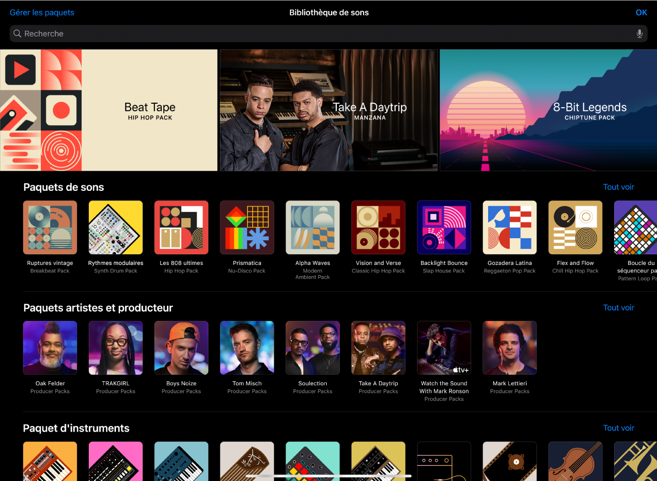 Figure. Bibliothèque de sons dans Logic Pro pour iPad.