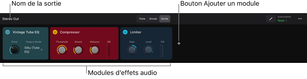Figure. Présentation Sortie de la zone Modules affichant le nom de la sortie, des modules d’effets audio et le bouton « Ajouter le module ».