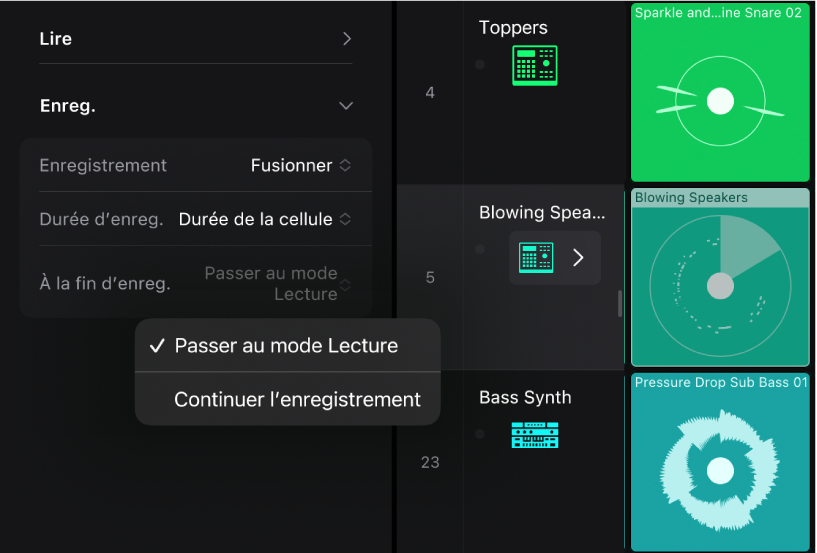 Figure. Menu local des réglages « À la fin d’enreg. » dans l’inspecteur de cellule.