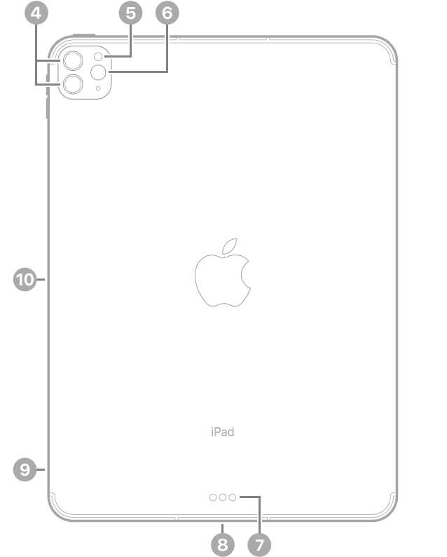 The back view of iPad Pro with callouts to the rear cameras and flash at the top left, Smart Connector and Thunderbolt / USB 4 connector at the bottom center, the SIM tray (Wi-Fi + Cellular) at the bottom left, and the magnetic connector for Apple Pencil on the left.