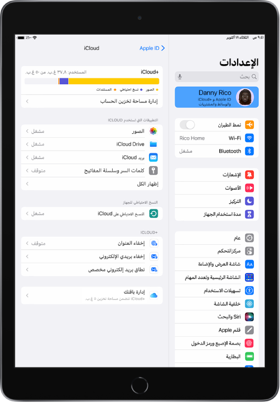 شاشة الإعدادات مع تحديد اسم المستخدم أعلى الشريط الجانبي على الجانب الأيمن من الشاشة. على الجانب الأيسر من الشاشة، توجد خيارات إعدادات iCloud بما في ذلك مقياس مساحة تخزين iCloud وقائمة بالتطبيقات والميزات، بما في ذلك الصور و iCloud Drive وبريد iCloud وكلمات السر وسلسلة المفاتيح.