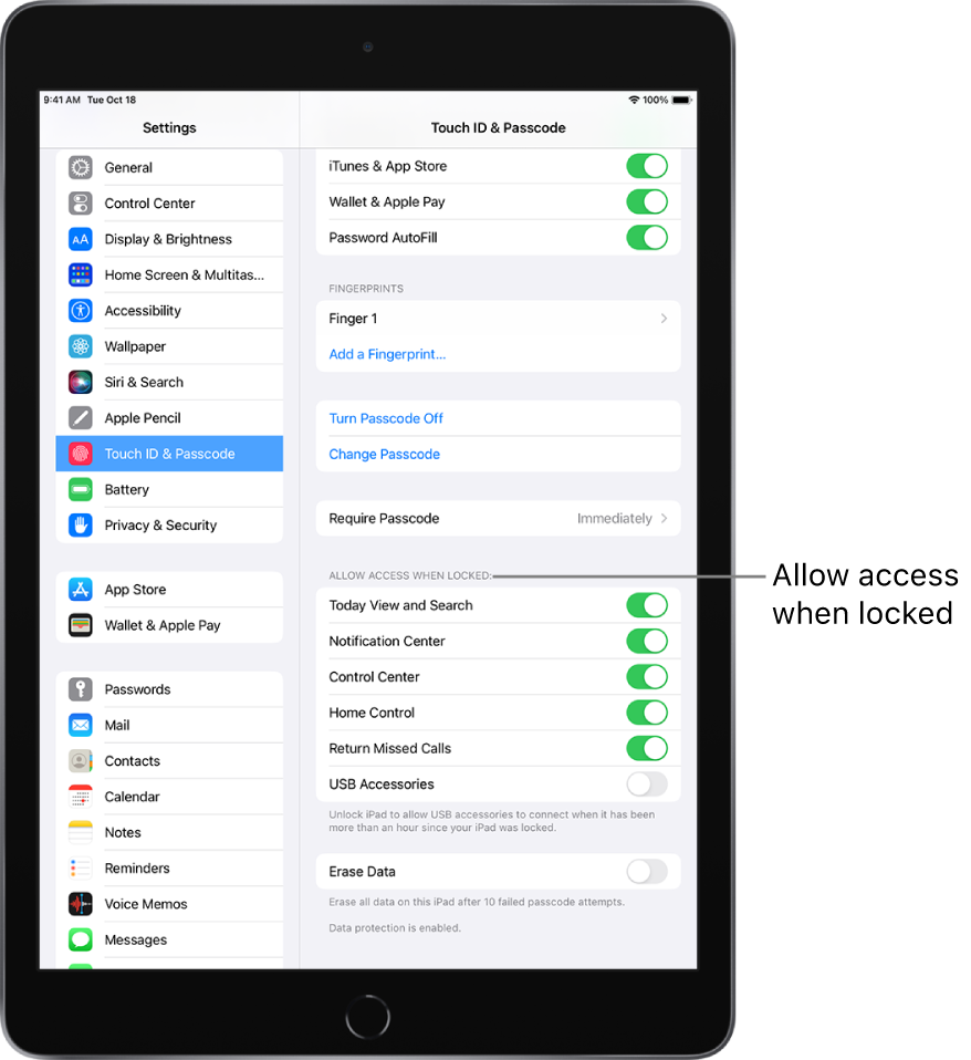 Touch ID & Passcode settings, with options for allowing access to specific features when iPad is locked.
