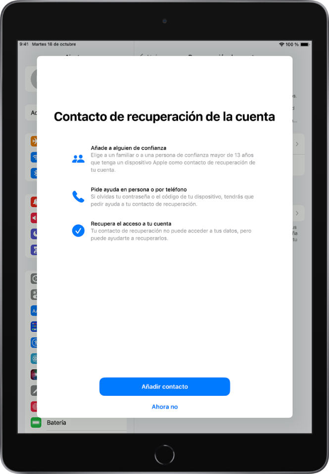 La pantalla “Contacto de recuperación de la cuenta”, con información sobre la función. El botón “Añadir contacto de recuperación” se encuentra en la parte inferior.
