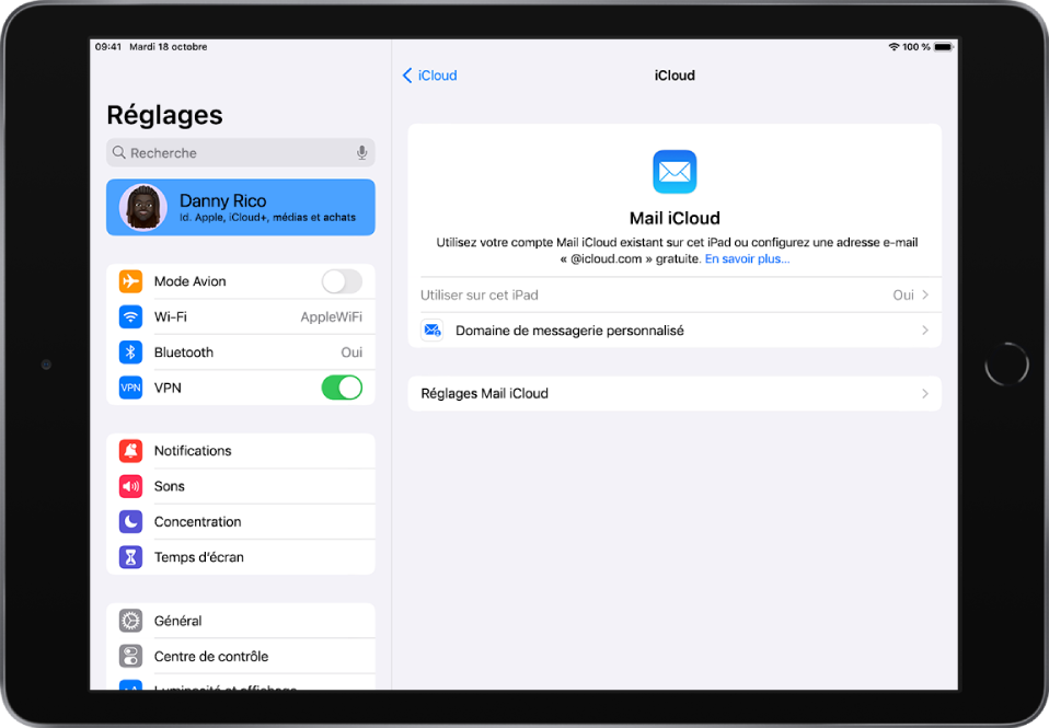L’app Réglages est ouverte sur l’écran Mail iCloud et l’option « Utiliser sur cet iPad » est activée. En dessous se trouvent les options pour les réglages relatifs au domaine de messagerie personnalisé et pour les réglages de Mail iCloud.
