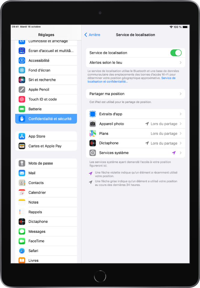 Réglages « Service de localisation » dans les réglages « Confidentialité et sécurité », avec des options permettant de partager l’emplacement de votre iPad, y compris des réglages personnalisés pour les apps individuelles.