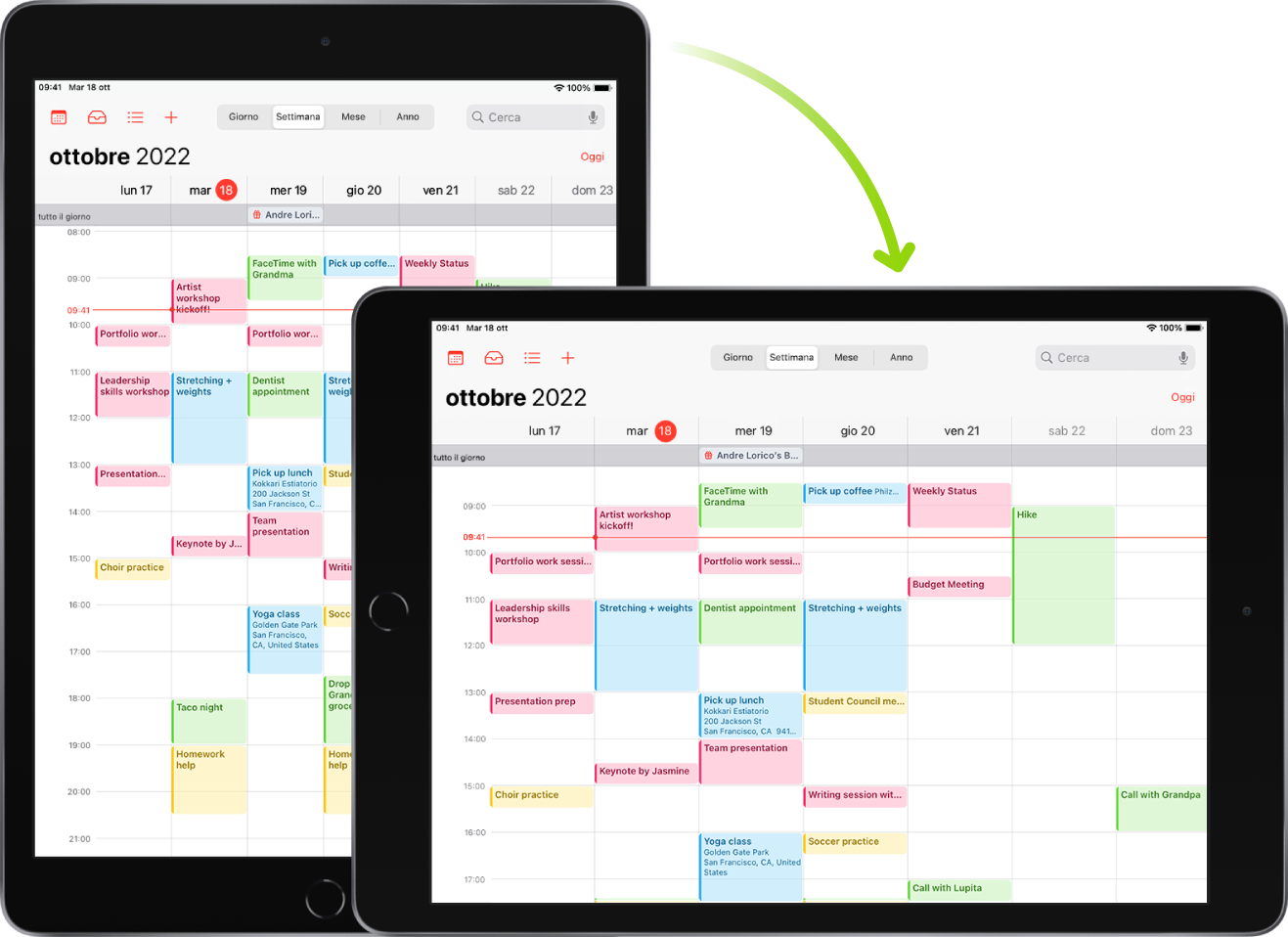 Sullo sfondo, iPad mostra una schermata di Calendario in orientamento verticale; in primo piano, iPad è ruotato e mostra la schermata di Calendario in orientamento orizzontale.