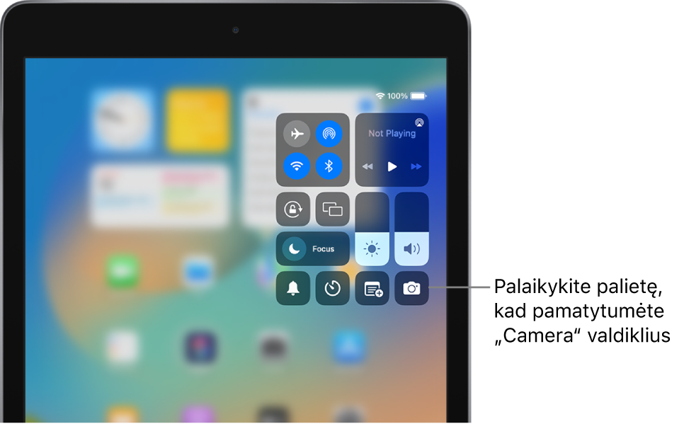 Lėktuvo režimo, mobiliojo ryšio duomenų, „Wi-Fi“ ir „Bluetooth“ valdikliai „Wi-Fi + Cellular iPad“ modelių programos „Control Center“ viršutinėje kairėje grupėje. „Camera“ valdiklis pateiktas apačioje dešinėje.