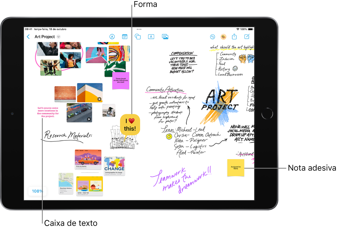 Um quadro do Freeform com desenhos, caixas de texto, vídeos, fotografias, notas adesivas, etc.