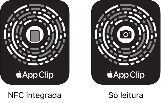 À esquerda, um código de App Clip NFC integrado, com um ícone do iPhone no centro. À direita, um código de App Clip de leitura, com um ícone de um câmara no centro.