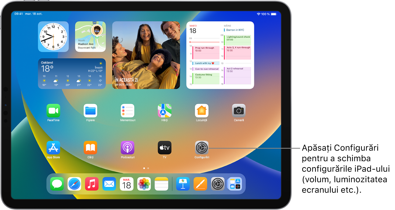 Ecranul principal al iPad-ului, cu mai multe pictograme de aplicații, inclusiv pictograma aplicației Configurări, pe care o puteți apăsa pentru a modifica volumul sunetelor de pe iPad, luminozitatea ecranului etc.