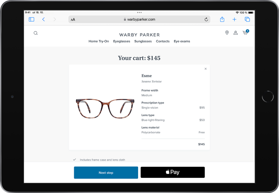Webová stránka produktu s tlačidlom Apple Pay vpravo dole.