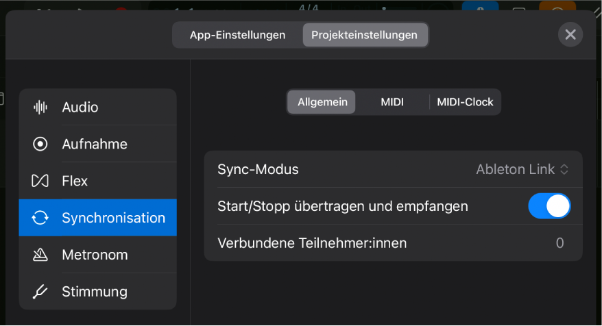 Projekteinstellungen „Allgemeine Synchronisation“