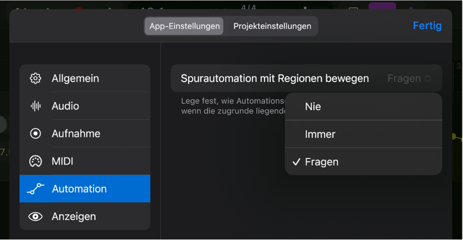 Abbildung. Der App-Einstellungen „Automation“.