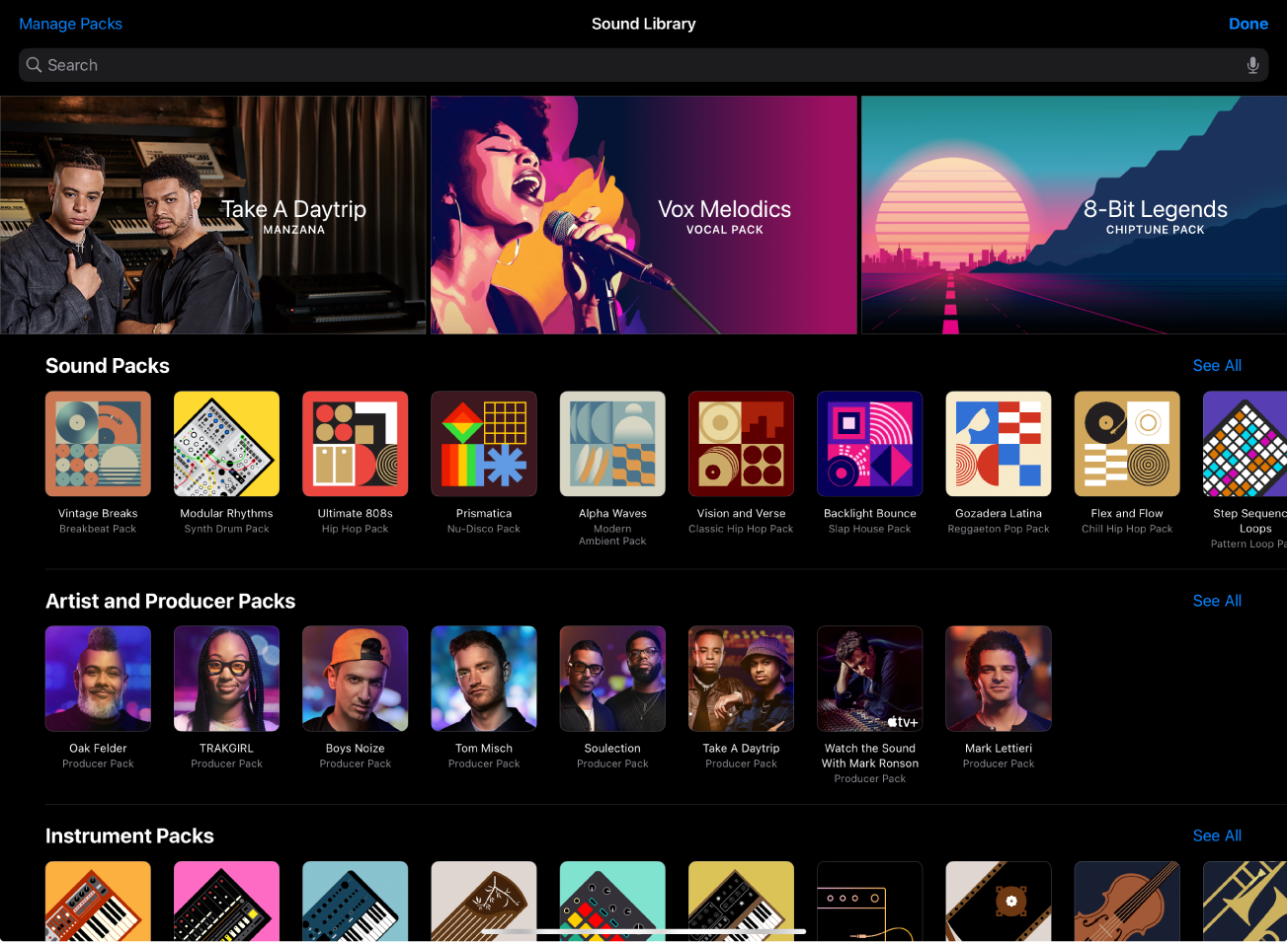 Figure. The Sound Library in Logic Pro for iPad.