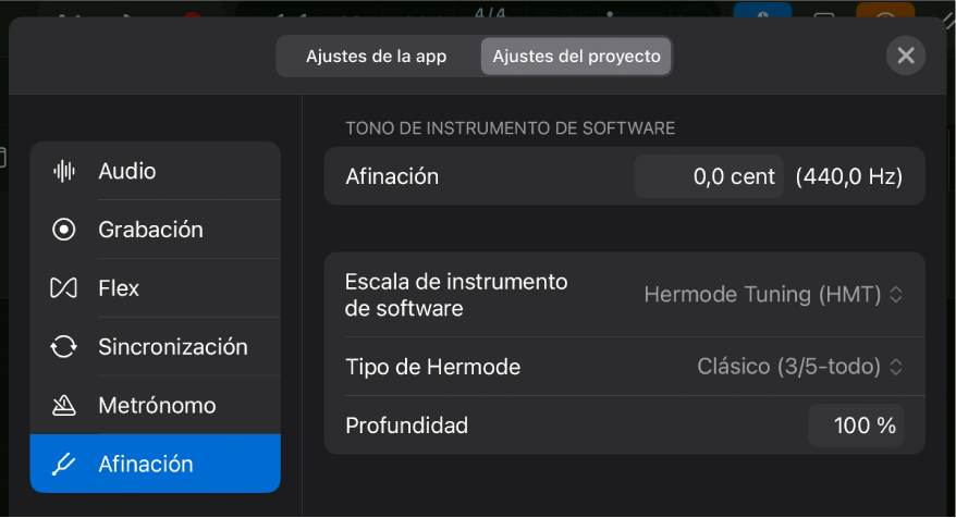 Ajustes de afinación del proyecto.