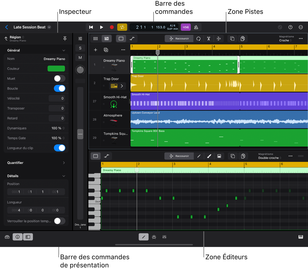 Figure. Interface Logic Pro montrant la zone de pistes, l’inspecteur et l’éditeur de partition défilante ouverts.