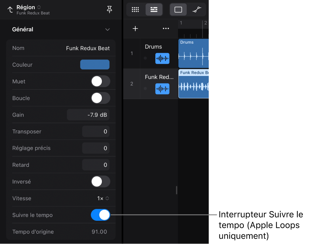 Figure. Inspecteur de région affichant le commutateur « Suivre le tempo » pour les boucles audio Apple Loops.
