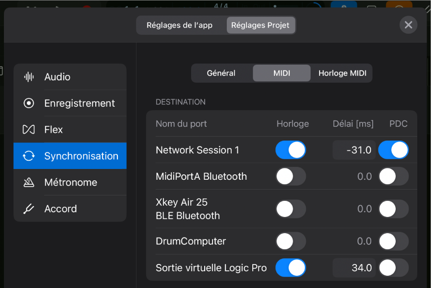 Réglages de synchronisation MIDI du projet.