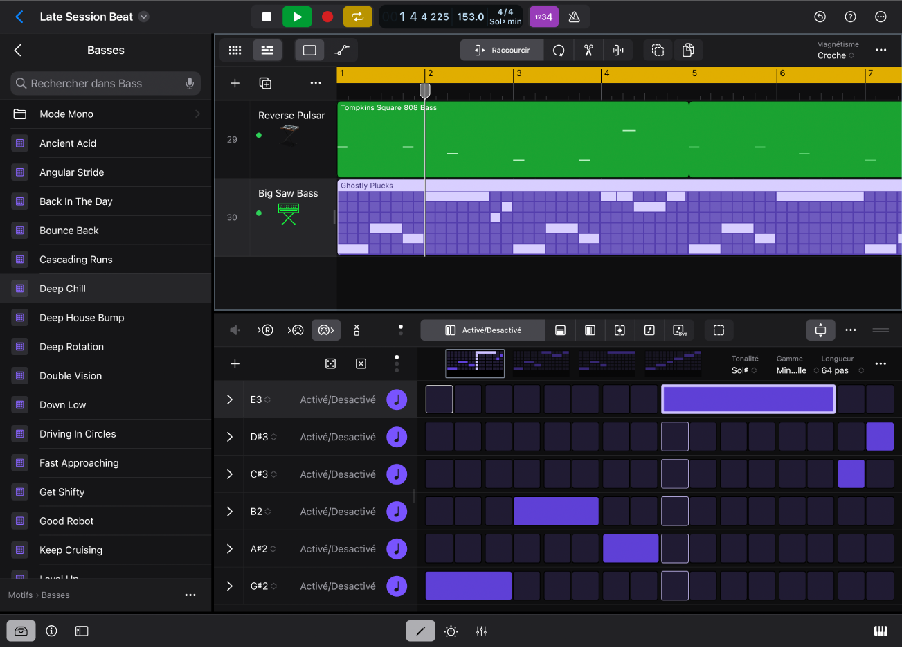 Figure. Logic Pro pour iPad montrant la présentation Motifs dans le navigateur.