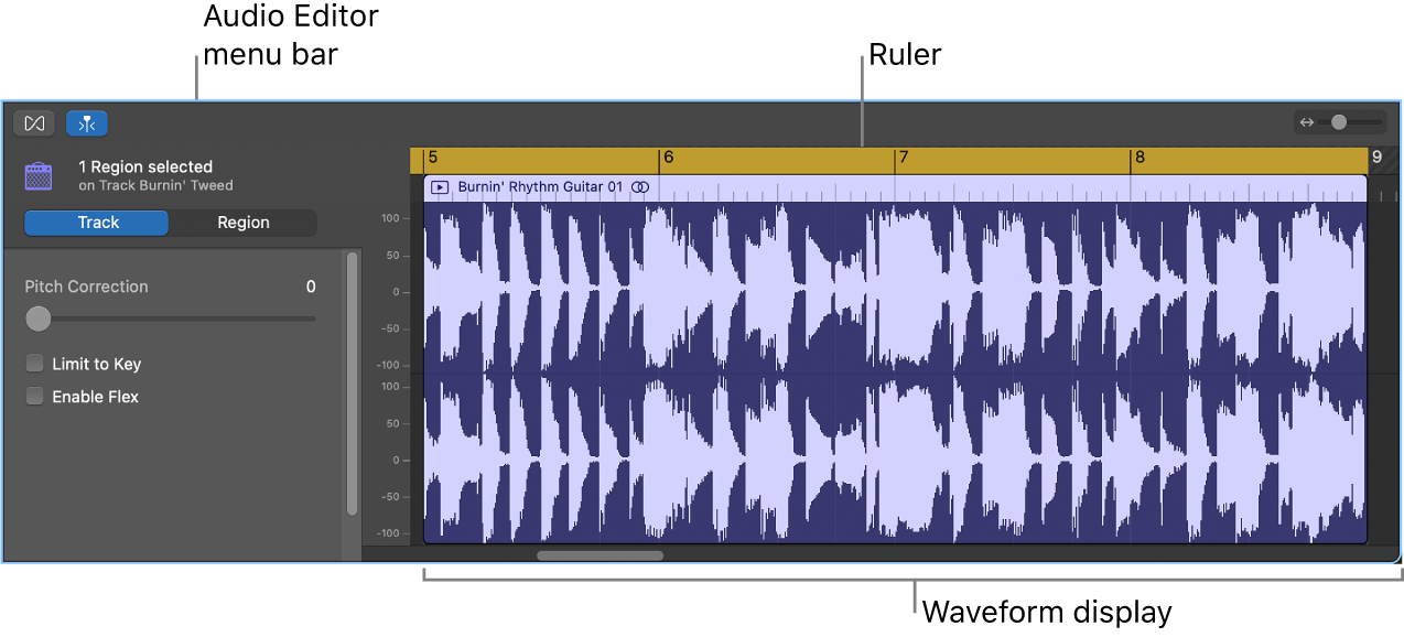 Audio Editor with region selected.