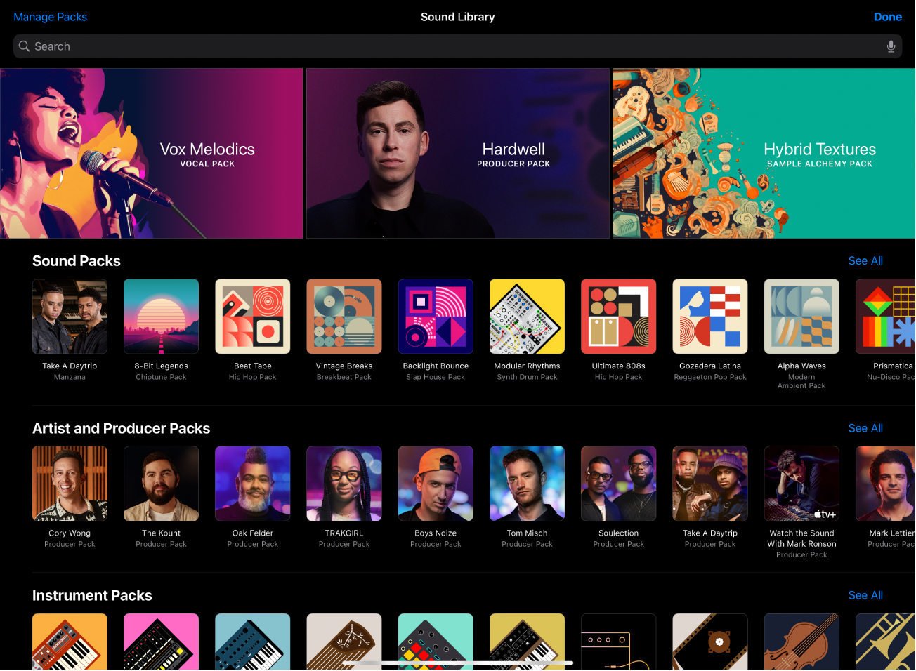 Figure. The Sound Library in Logic Pro for iPad.
