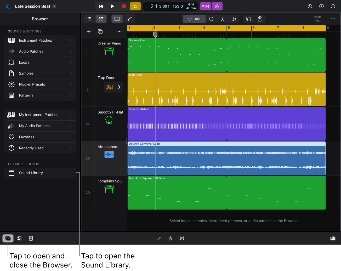 Figure. The Browser in Logic Pro for iPad.