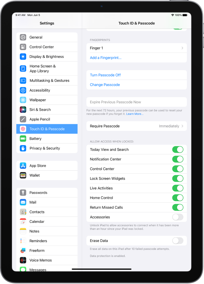Touch ID & Passcode settings, with options for allowing access to specific features when iPad is locked.