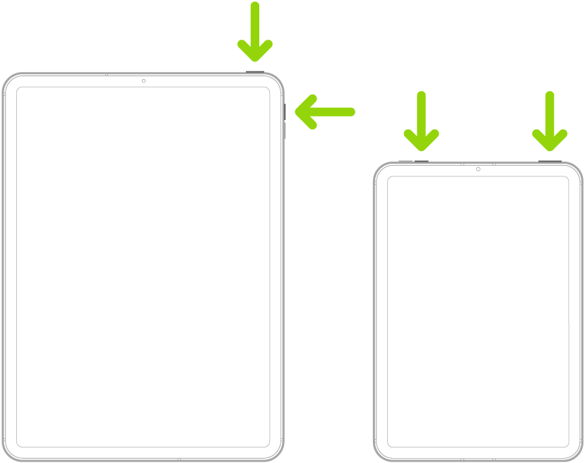 Une illustration de deux modèles d’iPad avec Face ID. Des flèches pointent en direction des boutons supérieurs et des boutons de volume.