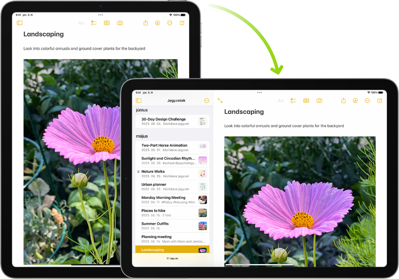A háttérben lévő iPaden egy Jegyzetek képernyő látható álló tájolással; az előtérben lévő iPad el van forgatva, és a Jegyzetek képernyőt fekvő tájolásban jeleníti meg.