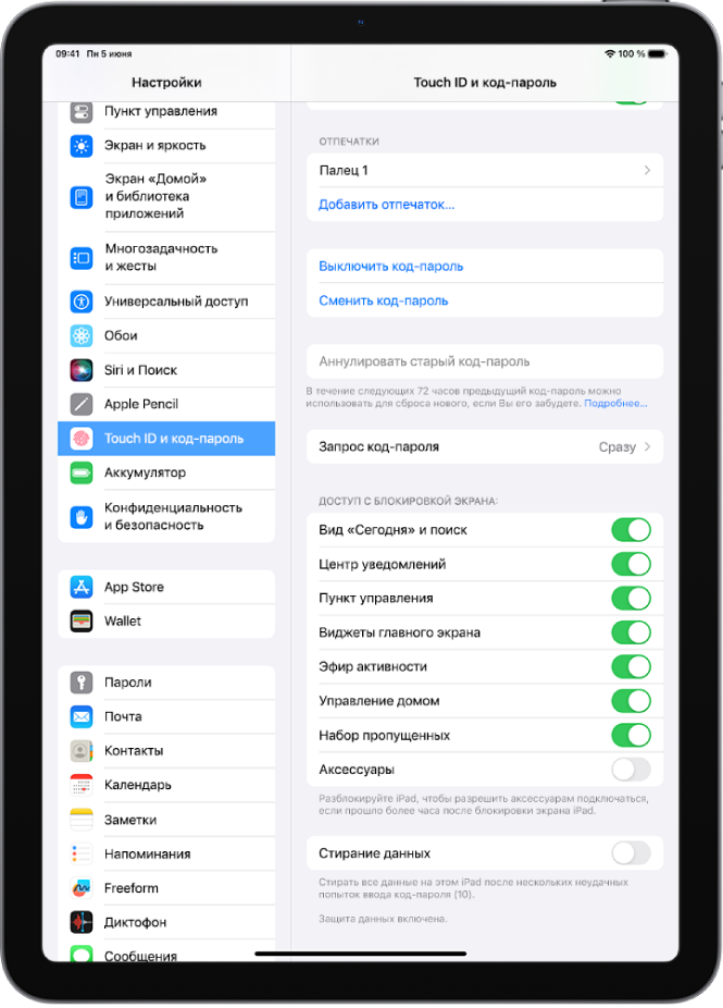 Раздел настроек «Touch ID и код-пароль». Отображаются параметры доступа к определенным функциям на заблокированном iPad.