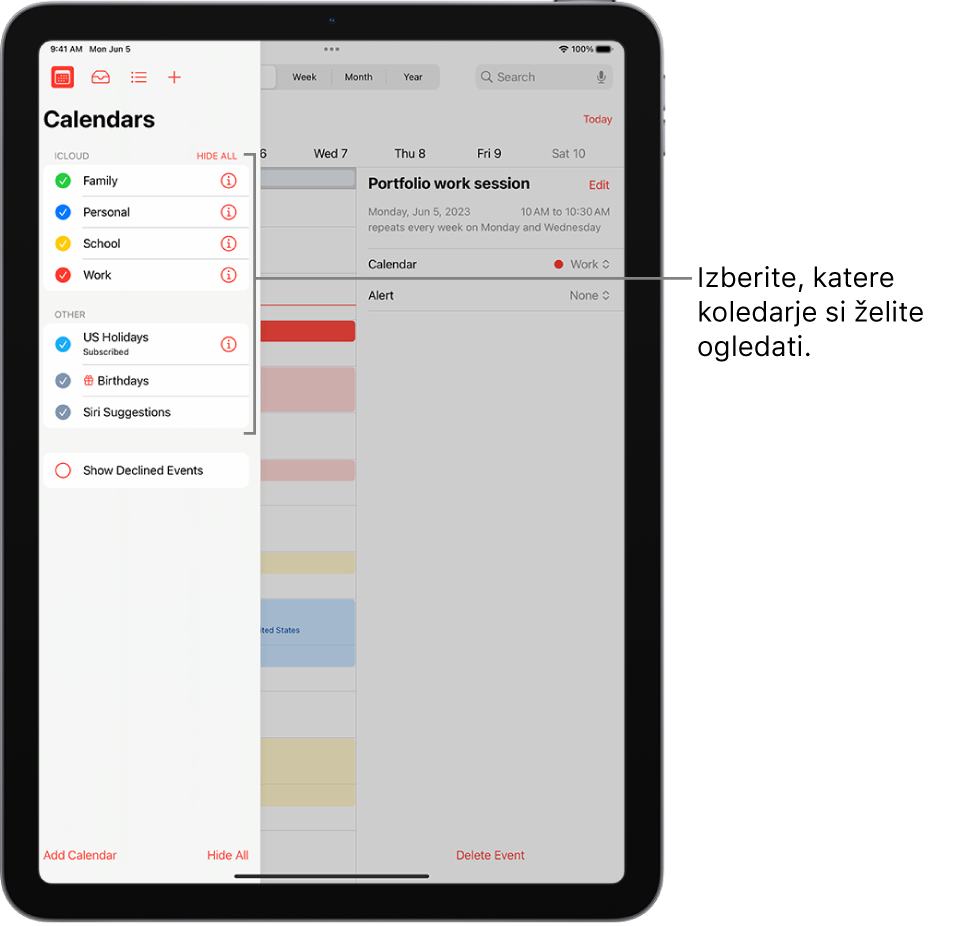 Na seznamu aplikacije Calendar so aktivni koledarji označeni s kljukico. Gumb Done, s katerim zaprete seznam, je v zgornjem desnem kotu. Gumb Add Calendar je v spodnjem levem kotu.