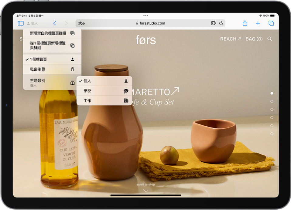 在 Safari 中,打開了搜尋欄位右邊的「標籤頁群組」選單。在選單底部,已選取「主題類別」,選單中顯示「個人」、「學校」和「工作」選項。