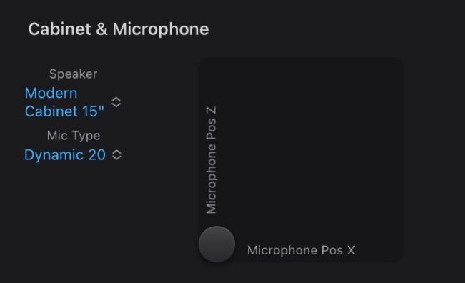 Figure. Paramètres Cabinet et Microphone pour Bass Amp Designer.