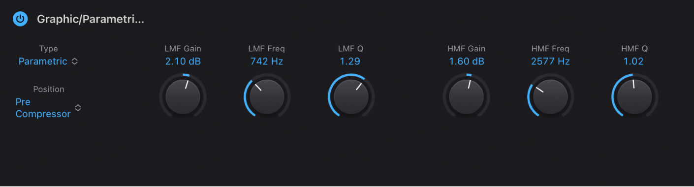 Figure. Paramètres Parametric EQ pour Bass Amp Designer.
