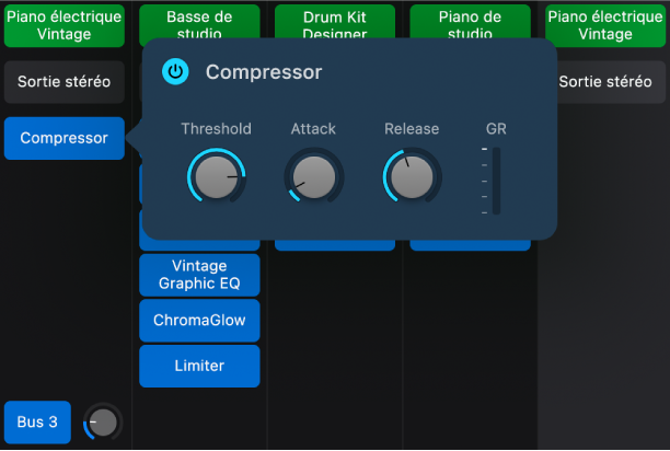 Figure. Une tranche de console de la table de mixage avec une mini-présentation du module d’effet ouverte.
