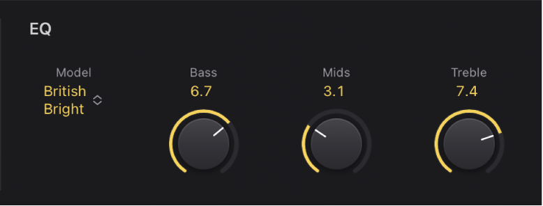 Figure. Menu local EQ et potentiomètres Bass, Mids et Treble pour Amp Designer.