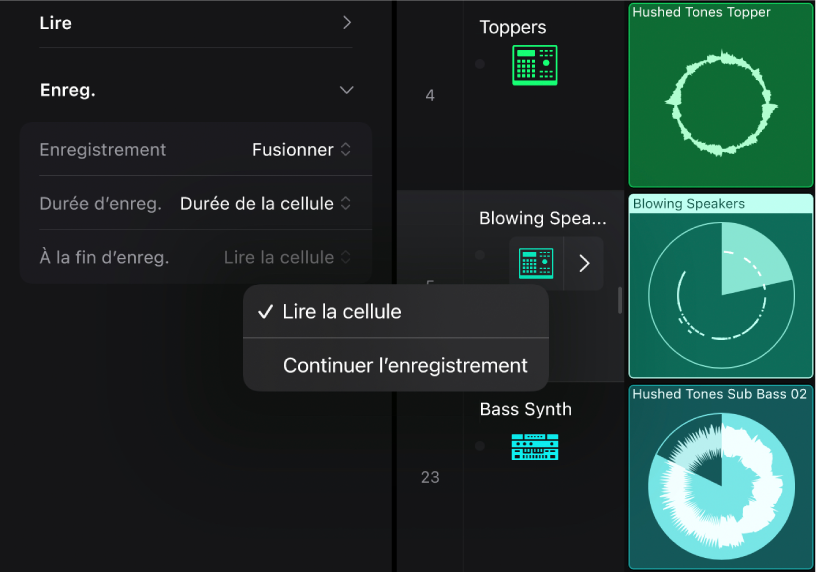 Figure. Menu local des réglages « À la fin d’enreg. » dans l’inspecteur de cellule.