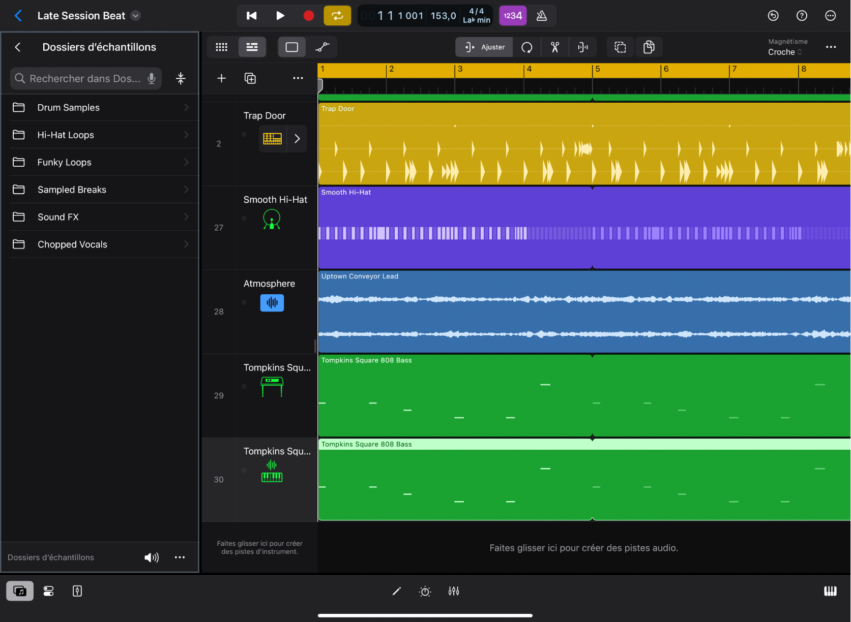 Figure. Logic Pro for iPad montrant la présentation « Dossiers d’échantillons » dans le navigateur.