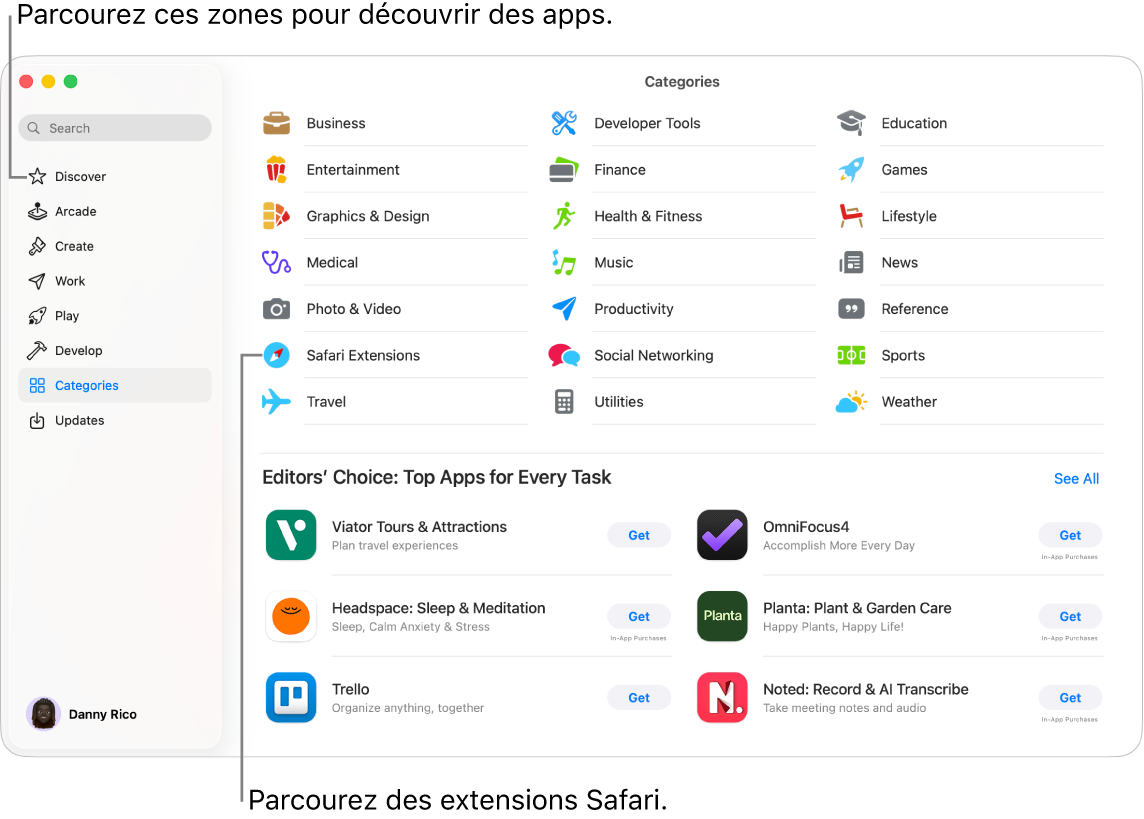 La page Catégories du Mac App Store. La barre latérale située à gauche comprend également des liens vers d’autres pages : Découvrir, Arcade, Créer, Travailler, Jouer, Développer et Mises à jour.